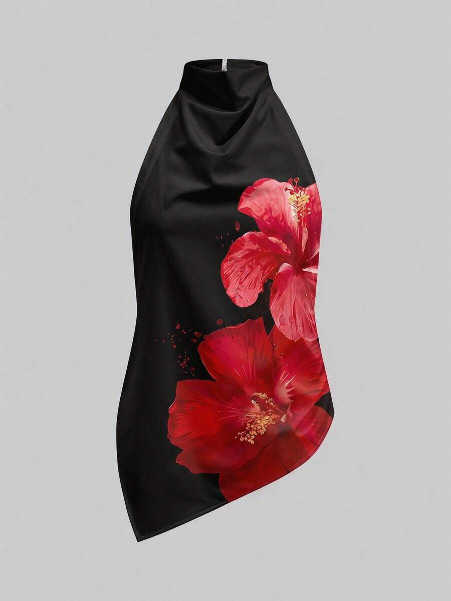 Aloruh 女士性感经典黑红芙蓉花不对称下摆露背吊带上衣 - 优雅波西米亚风沙滩装，完美适用于夏季度假、音乐节、婚礼宾客、演唱会派对、街头服饰和罗马风情。 - 白色 - 查看 1