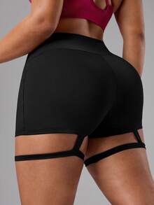 SHEIN Rhythm Era Damen Große Größen Hoher Bund Figurformende Sport Shorts - Schwarz - Übersicht 2