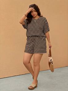 Elaquor Summer New Striped T-Shirt And Shorts Plus Size 2pcs Set - Coffee Brown - View 2