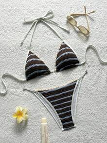 Soleia Ensemble de bikini à rayures sexy et décolleté pour femmes, été - Taupe - Voir 3