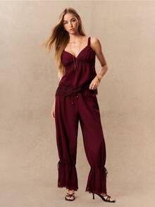 Willow Rêve Elegant Burgundy Lace Trim Drawstring Pants Vacation Holiday Summer Boho Style - Burgundy - View 8