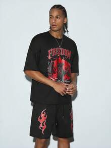 Modcrash Conjunto de 2 piezas de camiseta gráfica de estilo liberty y pantalones cortos con llamas de estilo urbano y hip hop para hombres - Negro - Ver 4