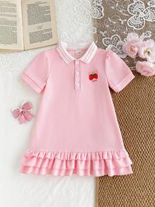 SHEIN Baby Girls' Puff Sleeve Pink Polo Collar Strawberry Print Ruffle Hem Casual Short Sleeve Dress - Pink - View 3