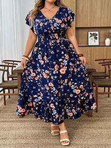 SHEIN CURVE+ 大码女式碎花V领荷叶袖优雅连衣裙，适合夏季度假、工作及其他场合 - 彩色 - 查看 4