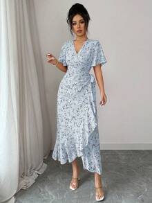 Elenzga Women's Elegant Casual Small Ditsy Floral Wrap V-Neck Ruffle Sleeve Irregular Hem Maxi Dress, Spring/Summer - Baby Blue - View 5