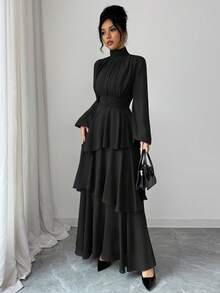 Elenzga Women's Solid Color Sheer Chiffon Lined High Collar Voluminous Pleated Vintage Waist Cinched Adjustable A-Line Cascading Ruffle Asymmetric Hem Lantern Sleeve Mauve Long Dress, Elegant French Vintage Chic Minimalist Versatile, Suitable For Autumn/Winter, Halloween, Christmas, Thanksgiving, Afternoon Tea, Party, Office, Family Gathering - Black - View 3