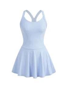 SHEIN Cheerettes Women's Minimalist Solid Color Racerback Waist Cinched Casual Sports Dress - Blue - View 4