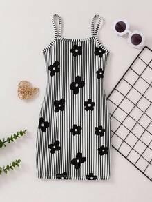 SHEIN 3件套女童针织纯色条纹花卉图案吊带连衣裙套装 - 彩色 - 查看 5