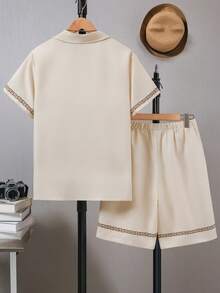 Men's Beige Square Collar Short Sleeve Shirt & Solid Color Shorts Set,Casual Versatile Summer Vacation Holiday Fashion Outfit,Soft Comfort Outings - Khaki - View 2