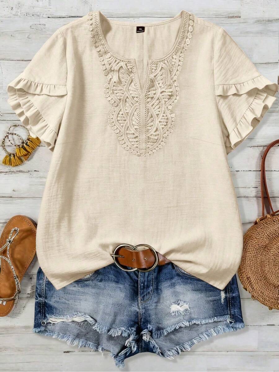 Linhara Large-Sized Woven Casual Summer Women's Shirt - Apricot - View 1
