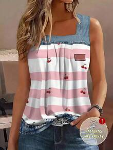 EMERY ROSE Plus Size Women Colorblock Pattern Top, Striped Tank Graphic T-Shirt, Plus Size Vest Top - Multicolor - View 1