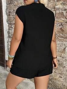GlowEve CURVE 2pcs Plus Size Women Button Short Sleeve Top And Casual Shorts Set Gym Brown Summer - Black - View 2