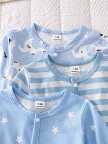 3pcs Newborn Long Sleeve Footie Pajamas Set, Blue Striped Star Elephant Print, Cute & Simple, Comfortable Casual Homewear Suitable For Boys & Girls All Seasons - Blue - View 7