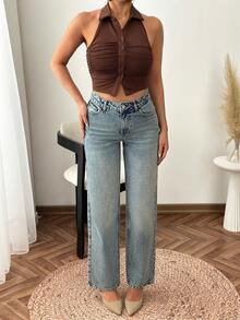 SHEIN 女款高腰口袋直筒寬鬆休閒百搭牛仔褲 - 中等水洗藍 - 查看 6