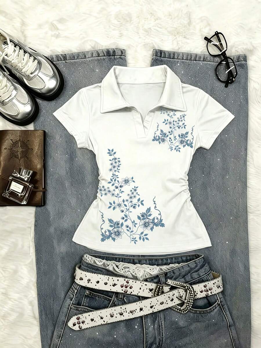 IslaSuriya 女士户外休闲运动Polo衫,夏季新品,印花设计,白色,Polo领,适合度假、返校季穿着,收腰设计 - 彩色 - 查看 1