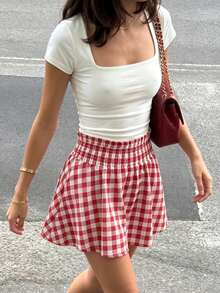 SHEIN PariChic Chân váy cotton kẻ caro đỏ trắng phong cách vintage Pháp - Chân váy mini cạp cao dáng chữ A ôm dáng xếp bèo cho mùa hè - Đỏ và trắng - Xem 4