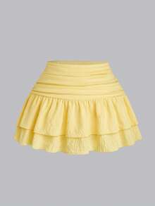Sweetra Plus Size Sweet New Versatile High Waist Pleated Double-Layer Solid Color Skirt - Yellow - View 3