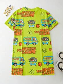 SCOOBY-DOO X SHEIN Women's Summer Casual Letter And Cartoon Print Round Neck Short Sleeve Nightgown - Green - View 2