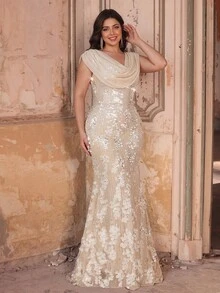 Glamrae Plus Size White Luxury Sequin Patchwork Draped Neck Chiffon Mermaid Hem Formal Gown Bridal Evening Formal Spring Elegant - Apricot - View 2