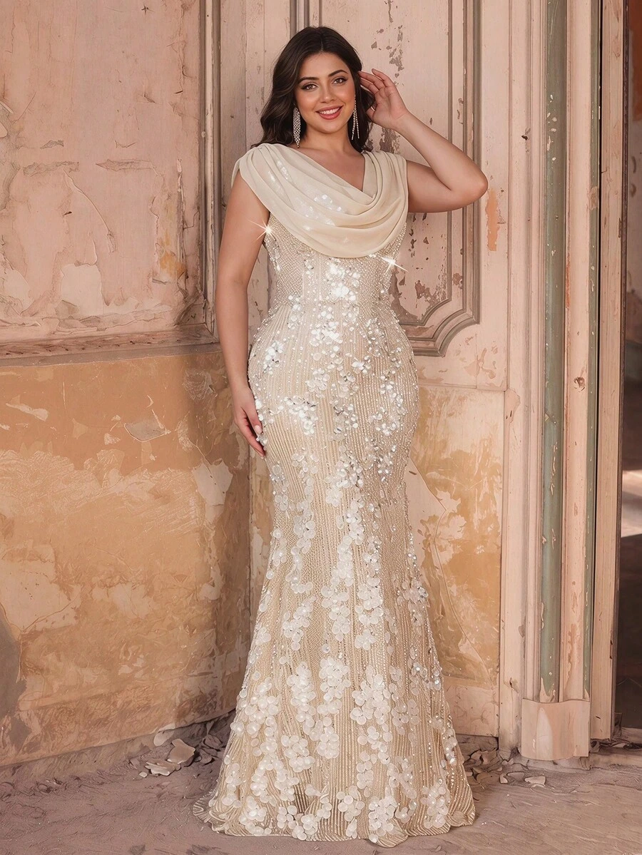 Glamrae Plus Size White Luxury Sequin Patchwork Draped Neck Chiffon Mermaid Hem Formal Gown Bridal Evening Formal Spring Elegant