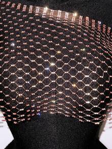 SHEIN Unity Women's Fishnet Rhinestone Cropped Top, Suitable For Holiday Party Golf Outfits Lilac Summer Sexy - Coffee Brown - View 6
