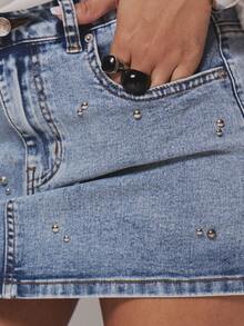 MUSERA Chân váy mini denim đính đinh giặt mài phong cách Boho Ibiza thanh lịch dễ thương cho mùa xuân hè, đi chơi lễ, nghỉ dưỡng, lễ hội và đi biển - Màu xanh lam - Xem 6