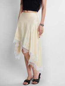 INAWLY Women's Soft Satin Lace Skirt In White, Asymmetric Hem Design, Suitable For Dates Brunch Party And Commuting Autumn Elegant - Yellow - View 5