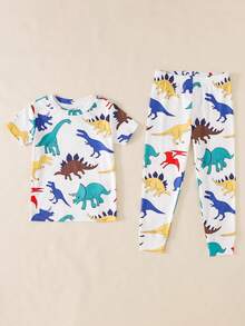 SHEIN Young Boy Casual Snug Fit Car Cartoon Print Round Neck Short Sleeve Top And Pants Loungewear, Suitable For All Seasons - Multicolor - View 5