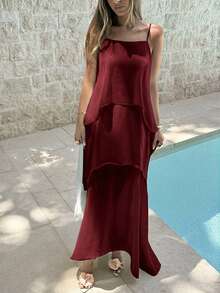 Aloruh Burgundy Spaghetti Strap Solid Color Elegant Vacation Dress Vacation Summer - Burgundy - View 6