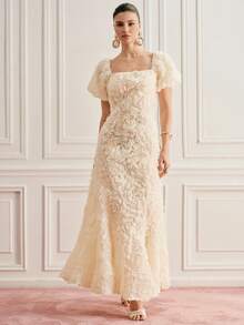 SHEIN Zanirela Elegant Puff Sleeve Floral Decor White Summer Dining Dinner Beach Date Dress Sweet Square Neck Birthday Party Bodycon French Ladylike Embellished - Apricot - View 5
