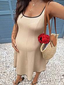 SHEIN 孕妇夏季休闲撞色滚边短裙 - 卡其色 - 查看 2