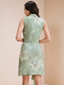 SHEIN 女士夏季网纱印花修身连衣裙 - 綠色 - 查看 4