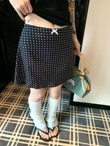 K-Vae French Polka Dot A-Line Lace Skirt, Slimming, Summer - Black - View 6