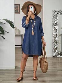 SHEIN CURVE+ Đầm sơ mi denim cỡ lớn, trang phục thường ngày thanh lịch cho phụ nữ đi biển và nghỉ mát mùa hè, màu trơn, vai thường, cài nửa vạt, dáng rộng thoải mái cho mùa hè. - Rửa tối - Xem 7