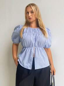 Auralis Top Casual de Verão Listrada Plus Size para Mulheres - Azul - Visão 5