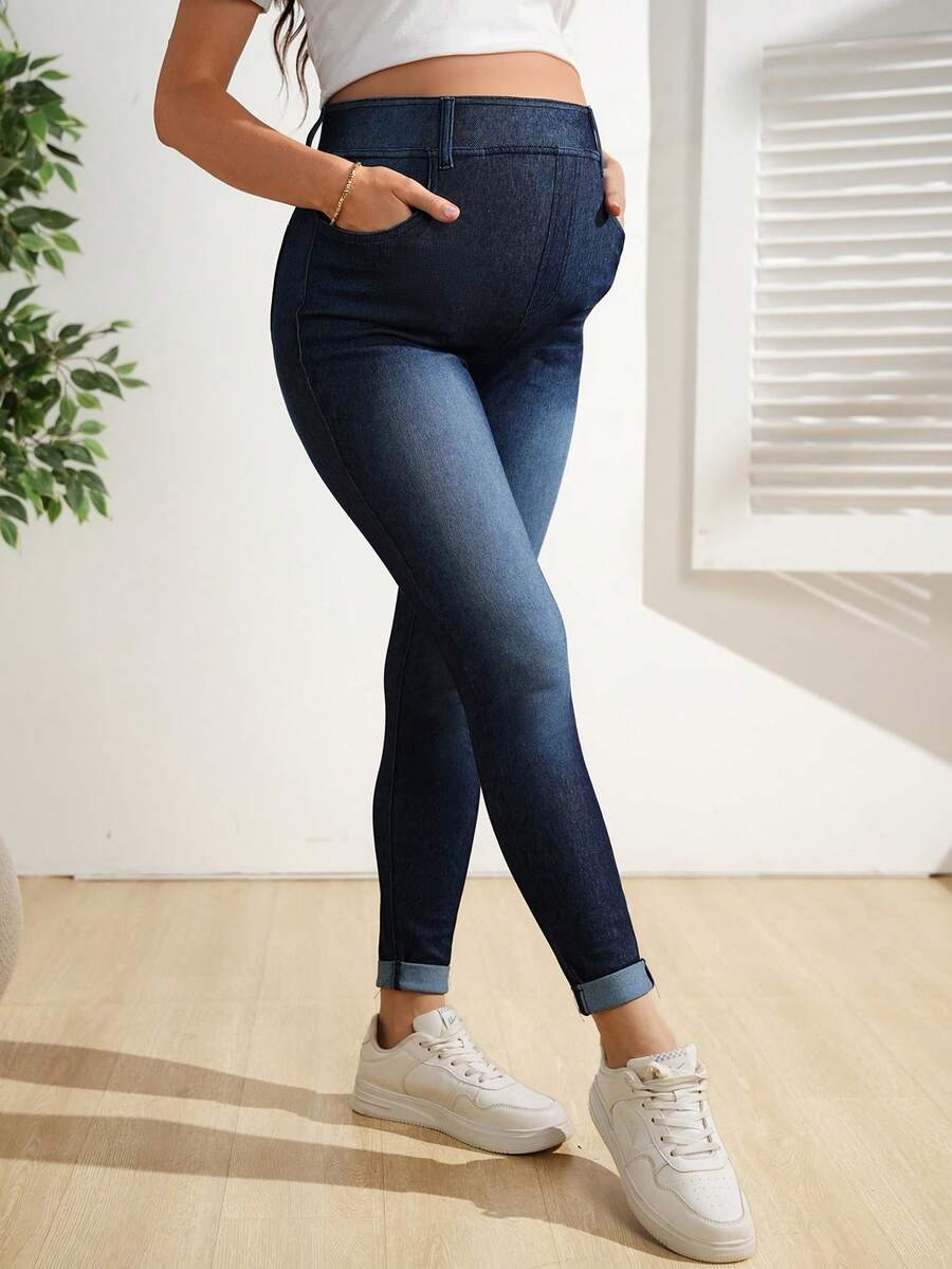 SHEIN 孕妇高腰弹力深色水洗七分牛仔裤 - 深色水洗藍 - 查看 1