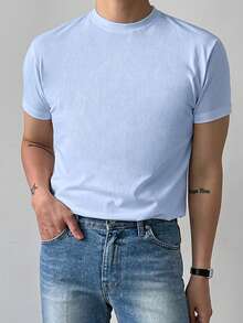 DAZY Kaos Pria Lengan Pendek Kerah Bulat Warna Biru Polos Kasual untuk Musim Panas - Biru - View 4