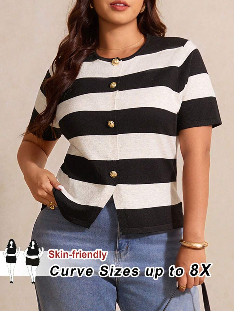 SHEIN CURVE+ Plus Size Women's Fashionable Casual Black And White Striped Knit Top - Black and White - View 1