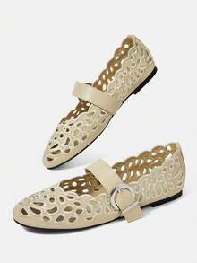 CUCCOO CHICEST Women's Hollow Embroidery, Buckle, Comfortable Flat Shoes - Apricot - View 6