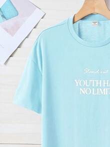 SHEIN Dozemod Kids Teen Girl Minimalist Letter Print Round Neck Short Sleeve Pants Knit Casual Pajama Set, 2pcs - Baby Blue - View 4