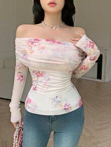 Modelyn 杏色网纱印花露肩荷叶边长袖优雅夏季度假T恤 - 杏色 - 查看 3