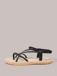 Styleloop Sandal Datar Wanita Anyaman dengan Gesper, Hitam, Sol Mirip Tali, Desain Cincin Jari Kaki, Desain Tali Romawi, Suasana Liburan, Pakaian Musim Panas, Perlengkapan Perjalanan - Hitam - View 9