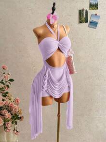 Mistrie Vestido halter con escote sexy para mujer, renacimiento Y2K, estilo dulce y picante, tela transparente, vestido con hombros descubiertos, vestido halter, diseño sexy con recortes, tela de gasa transparente, look de vacaciones, moda 2026, | Ropa, diseño asimétrico con flecos, adecuado para vestido de vacaciones en la playa - Morado - Ver 6