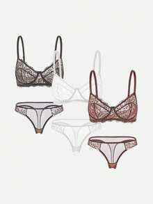 Bella Beso 3pcs/Set Conjunto de sujetador cómodo sin aros con copa fina de encaje para mujer, unicolor para verano para verano - Multicolor - Ver 1
