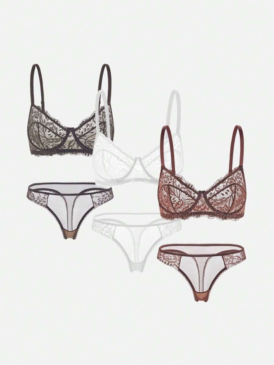 Bella Beso 3pcs/Set Conjunto de sujetador cómodo sin aros con copa fina de encaje para mujer, unicolor para verano para verano - Multicolor - Ver 1