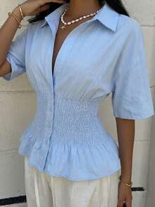 SHEIN EZwear Women's Light Blue Ruffle Button Down Shirt With Ruffle Hem,Summer Top - Baby Blue - View 3