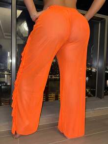 Slaydiva Plus Size Women Holiday Solid Color Side Ruffle Trim Cover Up Pants Set Beach Vacation Orange Summer - Orange - View 3