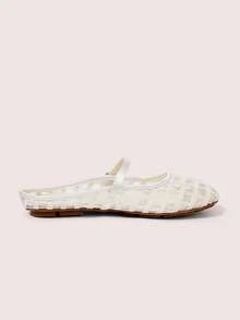 CUCCOO DOLLMOD Women's Shoes, Beige, Striped Embroidered Upper, Exposed Heel, Round Toe, Flat Bottom, Sweet, Cute, Comfortable And Casual. - Curve - Apricot - View 4