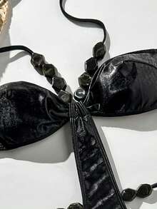 SHEIN Swim 一件式紋理金箔串珠性感女款泳衣，適合春夏季度假 - 黑色 - 查看 6