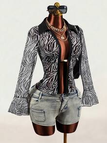 Mistrie Women's Zebra Print Flare Sleeve Fashionable Sexy Elegant Blouse Night Out Club Night White And Black Summer - Black - View 4